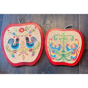 Vintage Wood Cork Trivets Set (2) Rooster Farmhouse Decor Wall Hanging Folk Art